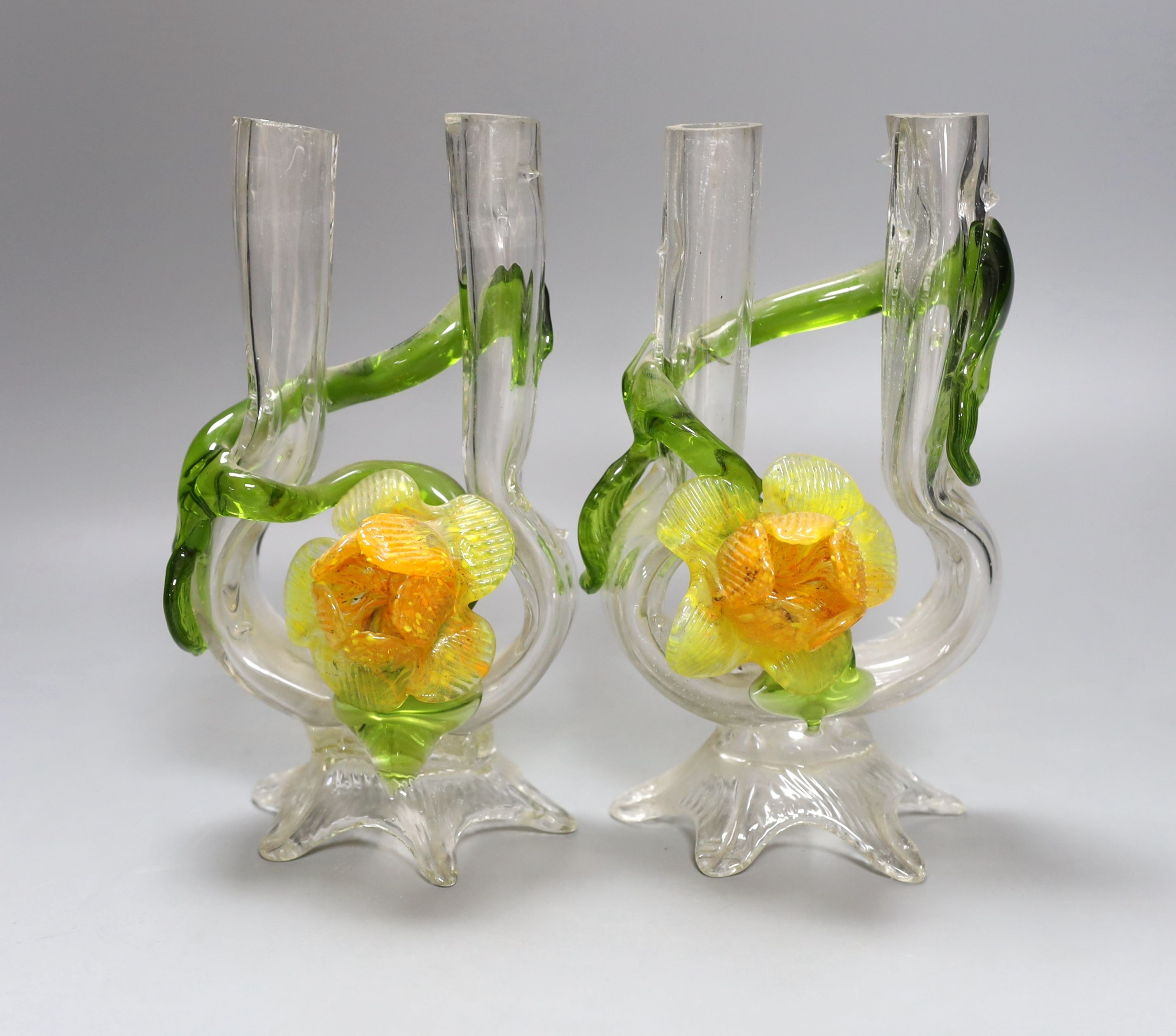 A pair of early 20th century overlaid glass posy vases 19cm
